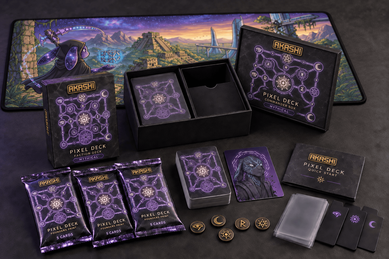 Mythical Commander Box studio bundle: Faction Deck contents, Faction playmat + counter set, Protective sleeves + card dividers, Rigid illustrated storage box, 2 additional Founders packs — 3 packs total
