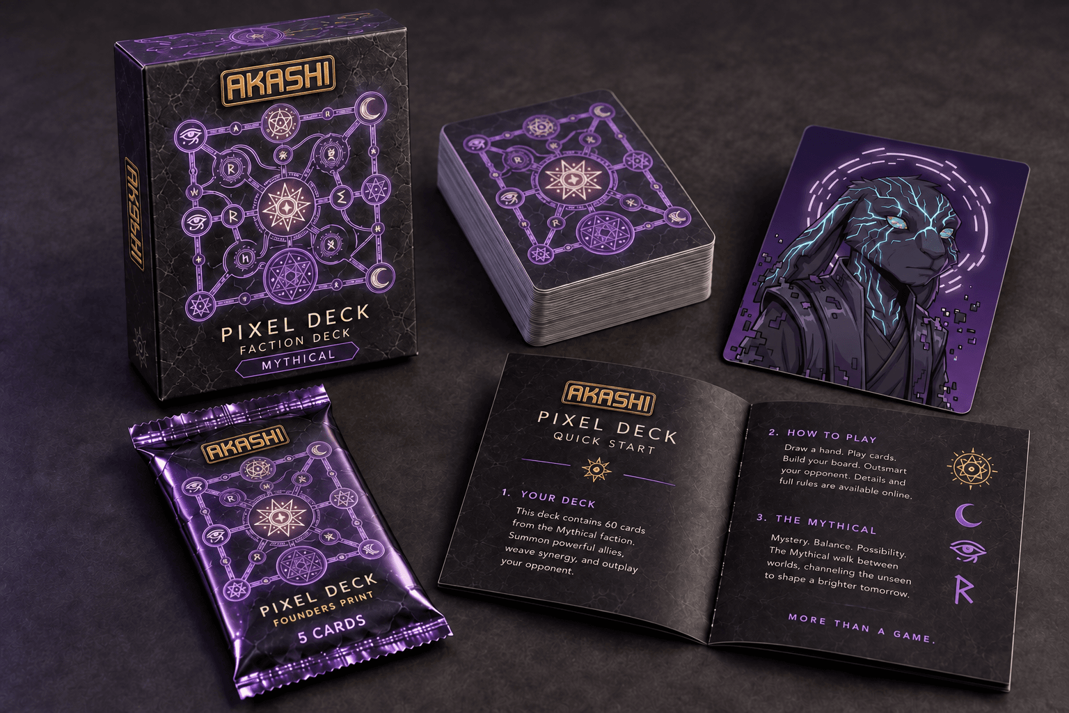 Mythical Faction Deck studio bundle: One 60-card fixed-list faction deck, Non-tokenised Commander reference card, Quick-start rules + turn reference, Illustrated tuck box, 1 sealed five-card Founders collector pack