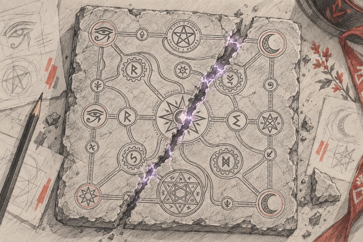 Graphite study of the Fracture Map, its cracked tablet and connected arcane symbols