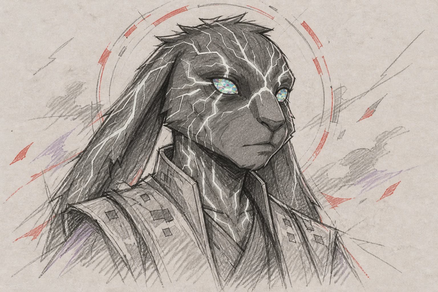 Raw pencil character study of Korr, the Pixel Deck rabbit commander